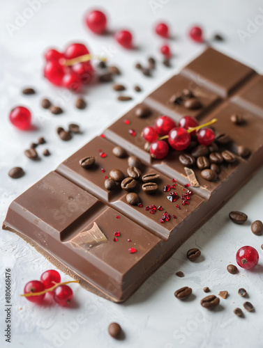A piece of brown chocolate, decorated with coffee beans and red berries, Valentine's chocolate, sweet, bark chocolate 
