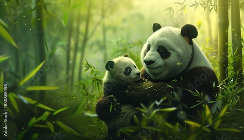 A mother panda bear and her cub cuddle in a bamboo forest. The cub iswoBao tsukosareruwoBao kishimeruwoBao kiDi meruwoBao kiShang geru by the mother bear. photo