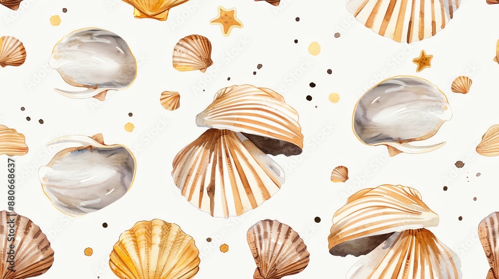 Seamless pattern of watercolor sea shells and starfish on white background, perfect for summer themed designs and beach concepts. Seamless pattern of watercolor sea shells and starfish on white background, perfect for summer themed designs and beach concepts.