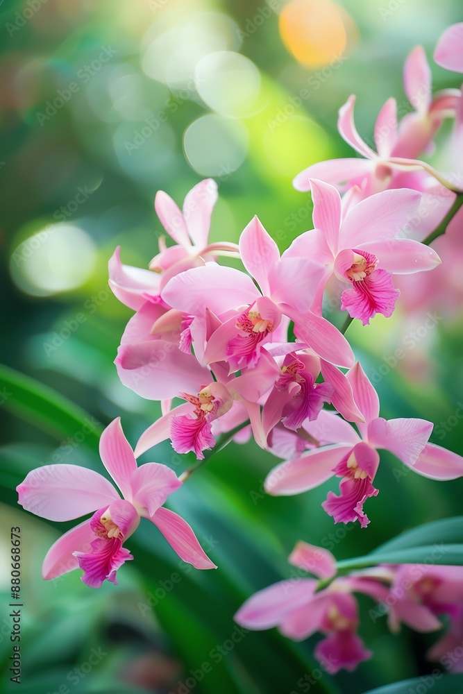 A beautiful close-up of a pink Cattleya orchid in full bloom against a blurry background of green leaves and soft light. A beautiful close-up of a pink Cattleya orchid in full bloom against a blurry background of green leaves and soft light.