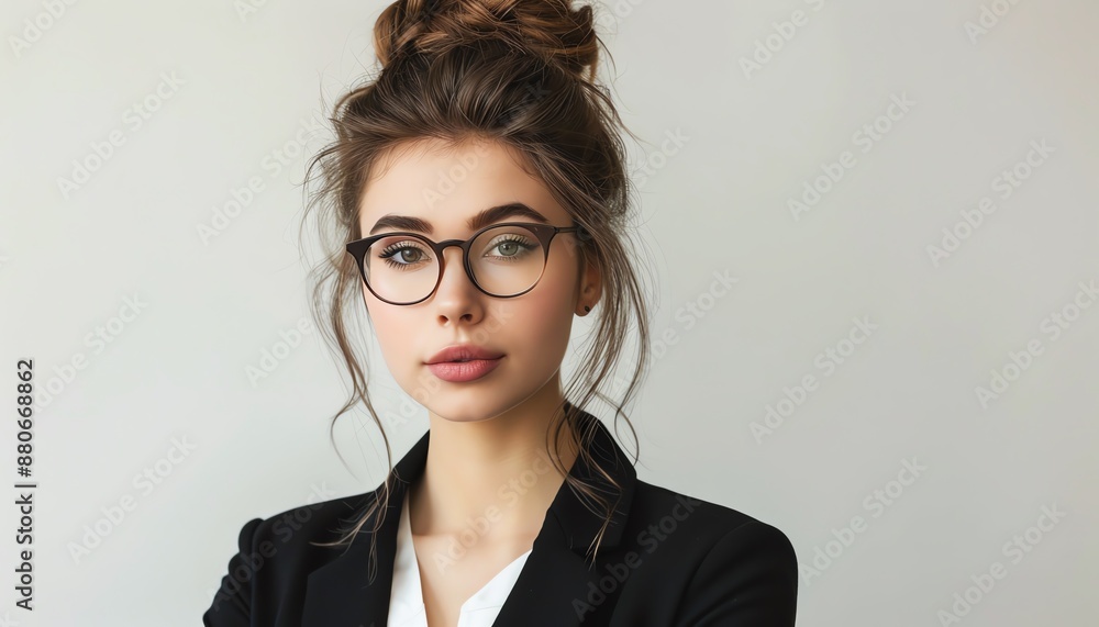 A young professional woman with brown hair in a bun wearing glasses and a black suit jacket looks confidently at the camera. A young professional woman with brown hair in a bun wearing glasses and a black suit jacket looks confidently at the camera.