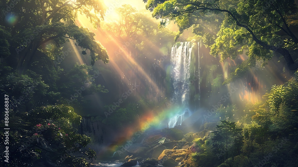 Fototapeta premium A beautiful waterfall in the middle of a lush green forest