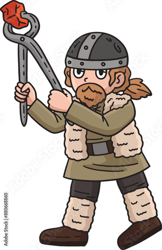 Viking Working the Forge Cartoon Colored Clipart