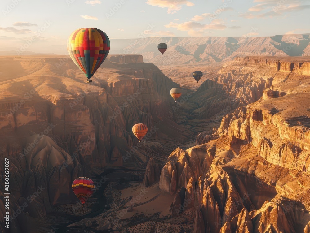 Fototapeta premium majestic scene of colorful hot air balloons drifting over vast canyon landscape golden hour lighting dramatic shadows adventure and wanderlust theme