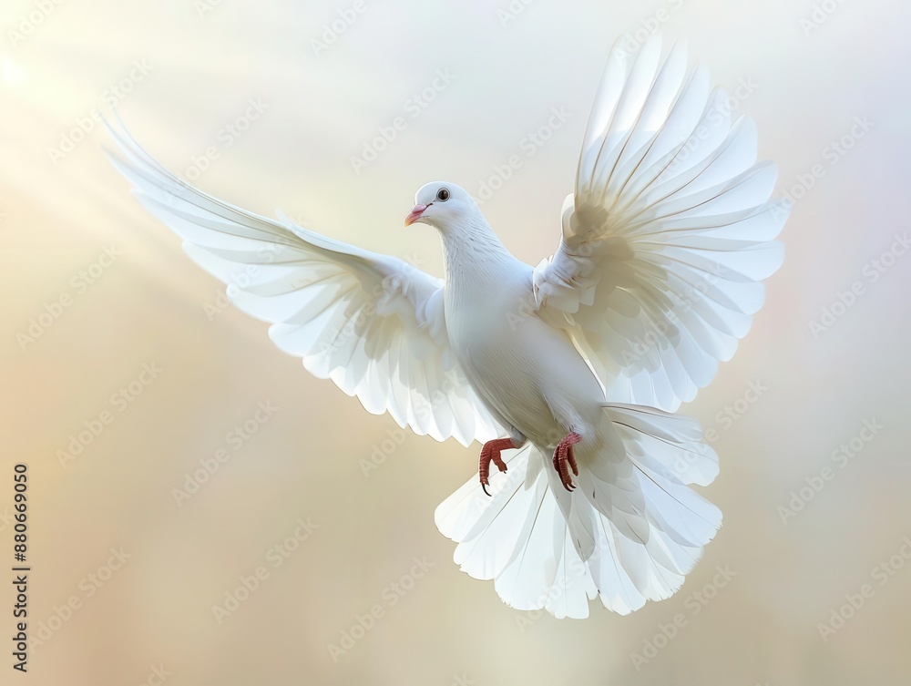Obraz premium majestic white dove in midflight against a clear sky wings fully extended catching the sunlight feathers detailed with a soft photorealistic quality symbol of peace and freedom in motion