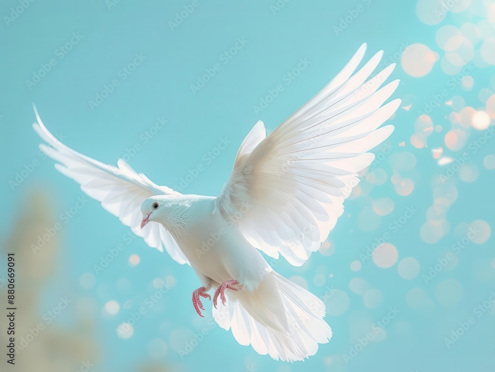 Obraz premium majestic white dove in midflight against azure sky wings outstretched feathers catching sunlight symbol of peace and freedom captured in crisp highspeed photography