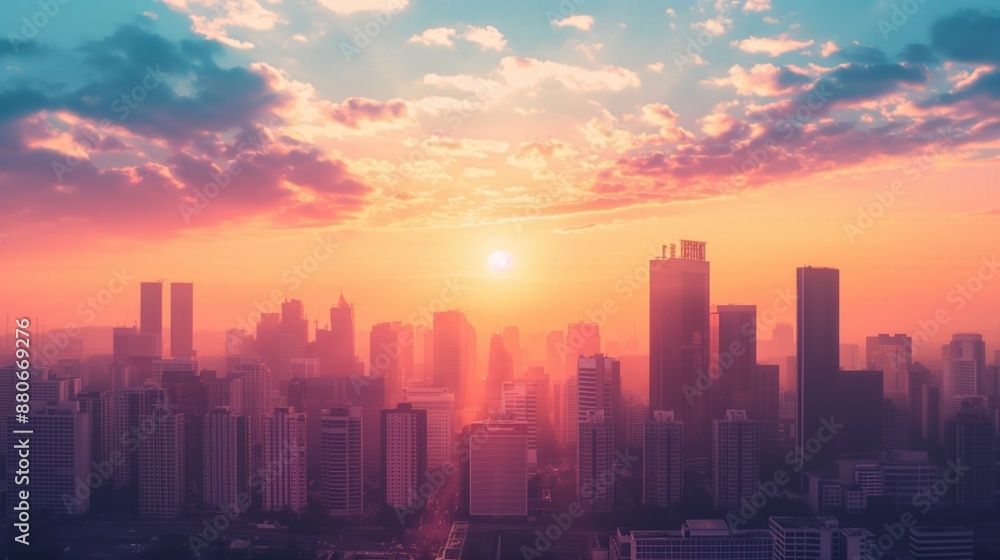 Fototapeta premium Breathtaking sunset over city skyline with tall buildings silhouetted against pastel hues of pink orange in sky sun casts long shadows