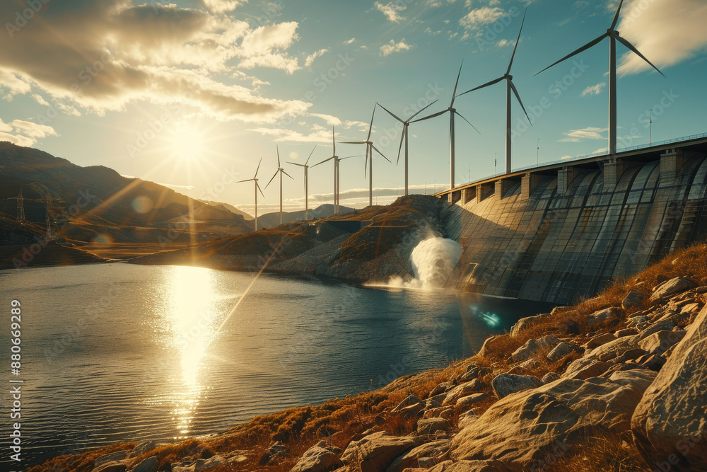 Fototapeta premium Dam and Windmills with Clear Sky and Bright Sunlight