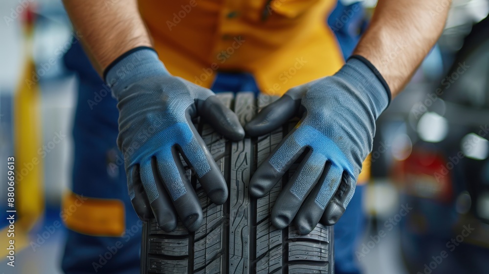 Mechanic wearing gloves holding a car tire in an auto workshop, focusing on tire maintenance and vehicle service. Mechanic wearing gloves holding a car tire in an auto workshop, focusing on tire maintenance and vehicle service.