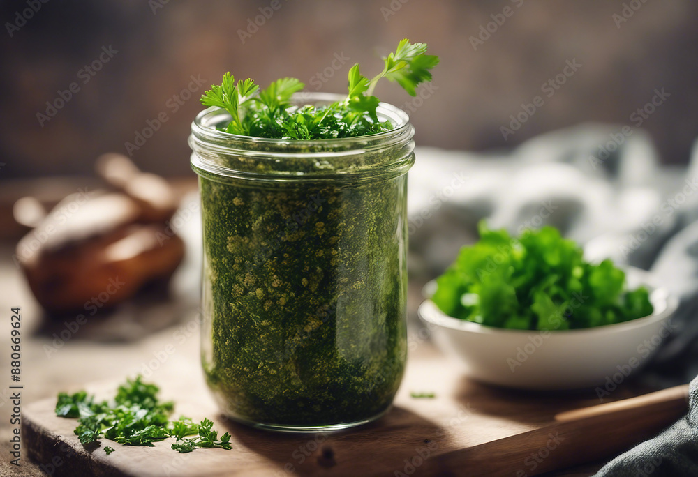 chimichurri in a glass jar, with fresh parsley arranged artfully, ad shot, copy space for text
chimichurri in a glass jar, with fresh parsley arranged artfully, ad shot, copy space for text