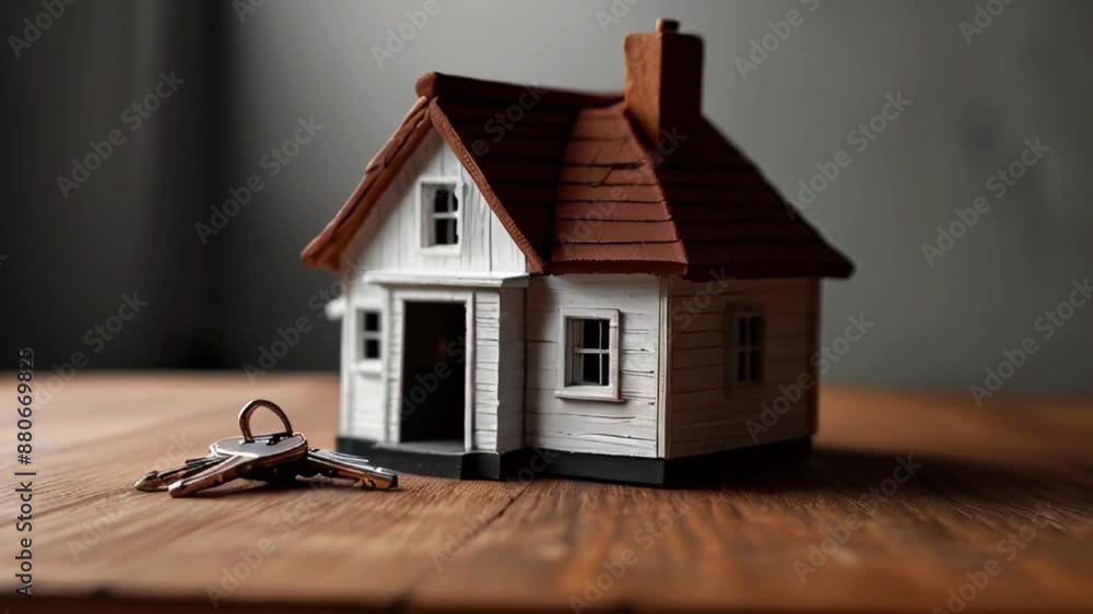 A small white and brown model house with a red roof sits on a wooden table. Next to the house are two keys on a key ring. A small white and brown model house with a red roof sits on a wooden table. Next to the house are two keys on a key ring.