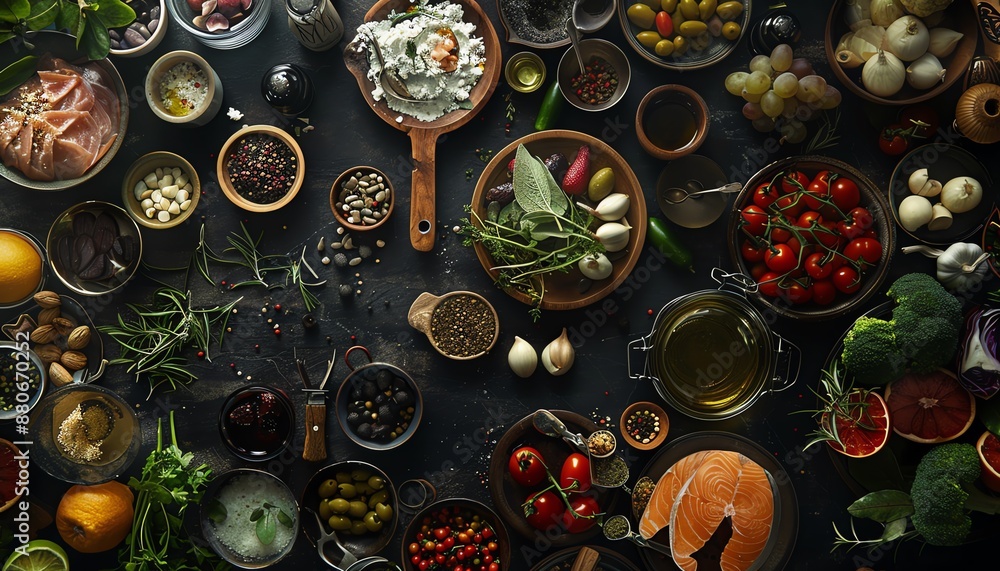 A variety of fresh and healthy ingredients are arranged on a dark background A variety of fresh and healthy ingredients are arranged on a dark background