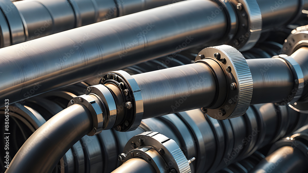 High pressure hydraulic hose system connected to steel pipes, close-up. Marine hydraulics. Generative AI High pressure hydraulic hose system connected to steel pipes, close-up. Marine hydraulics. Generative AI