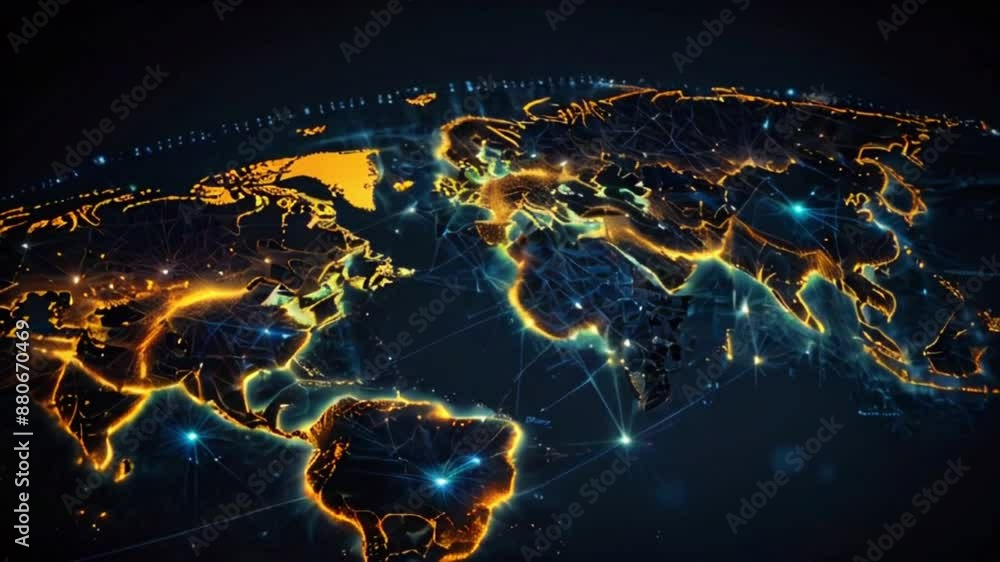 A map of the world with glowing dots and lines representing connections ...
