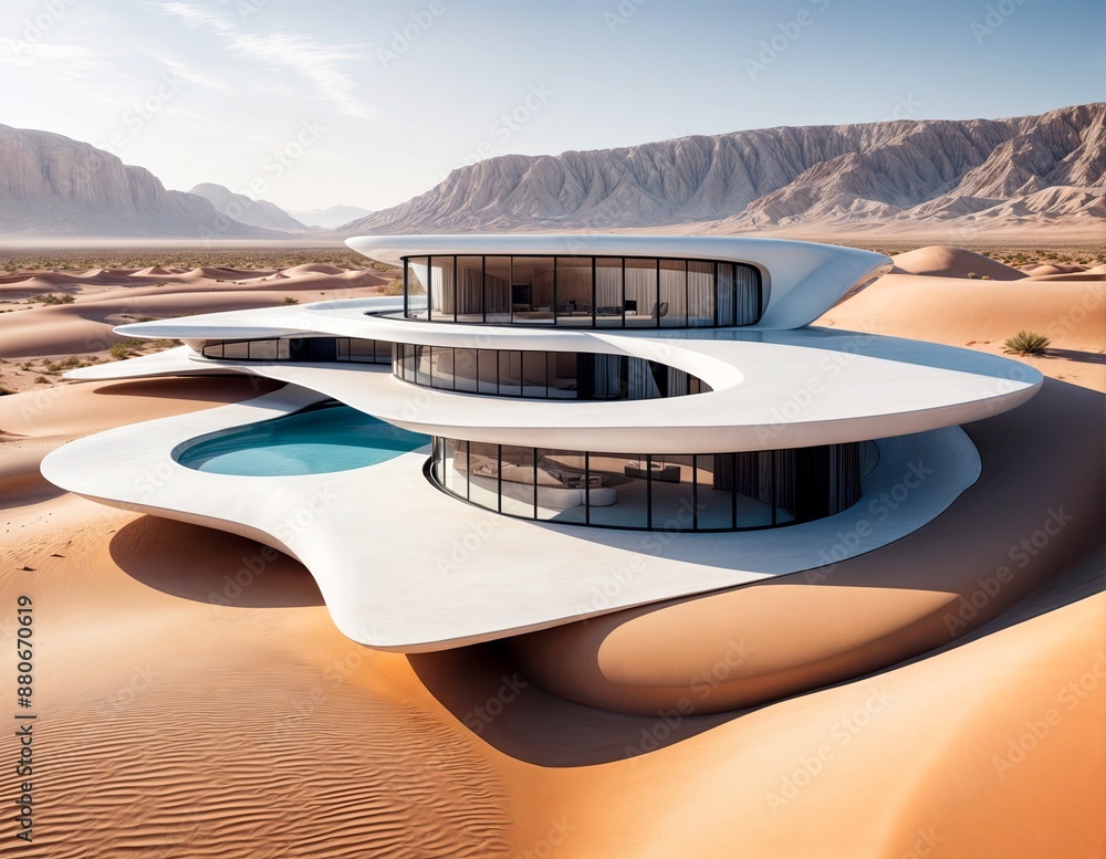 Fototapeta premium modern white house with curved walls and a round pool, set in a desert landscape with a mountainous backdrop.