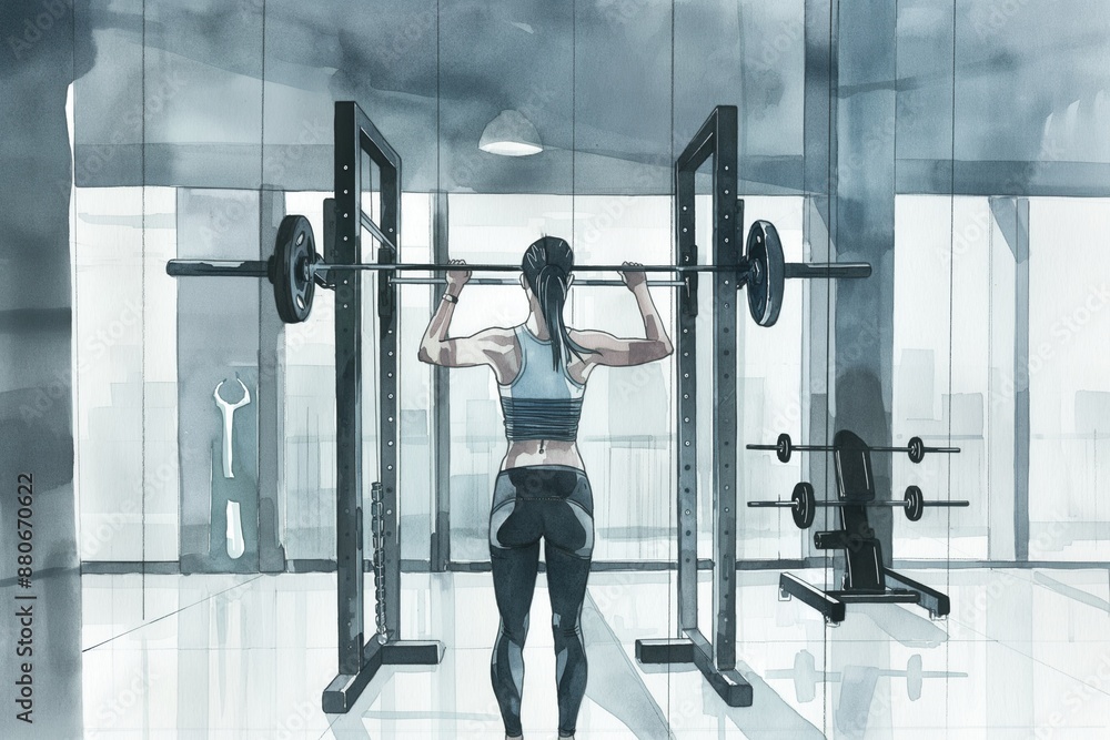 Fototapeta premium Woman lifting barbell in modern gym showing strength and determination from behind with gym equipment fitness training concept