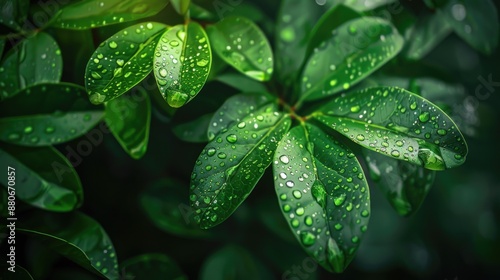 Water Drop on Leaves Background. Macro Shot of Green Leaf with Dew Droplets in Nature © AIGen