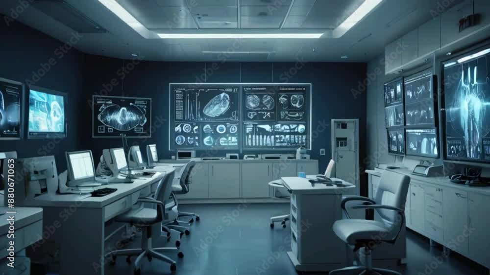 A futuristic laboratory or control room with computers, screens, and a large digital display on the wall. A futuristic laboratory or control room with computers, screens, and a large digital display on the wall.