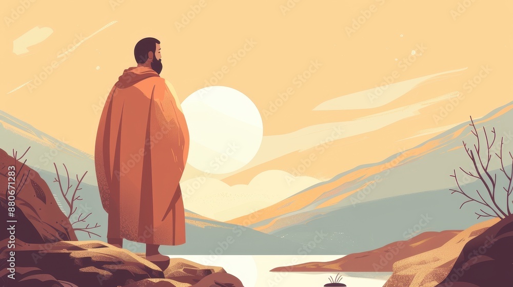 Fototapeta premium Genesis : God Blesses Jacob , Jacob’s Peaceful Reflection on God’s Faithfulness, Genesis Narrative, Biblical Illustration, Beige Background, Copyspace