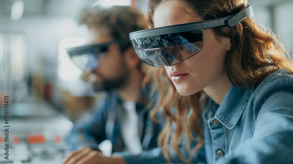 Individuals wearing augmented reality glasses in a design studio, overlaying digital elements onto a physical model, sleek modern high-tech feel Individuals wearing augmented reality glasses in a design studio, overlaying digital elements onto a physical model, sleek modern high-tech feel
