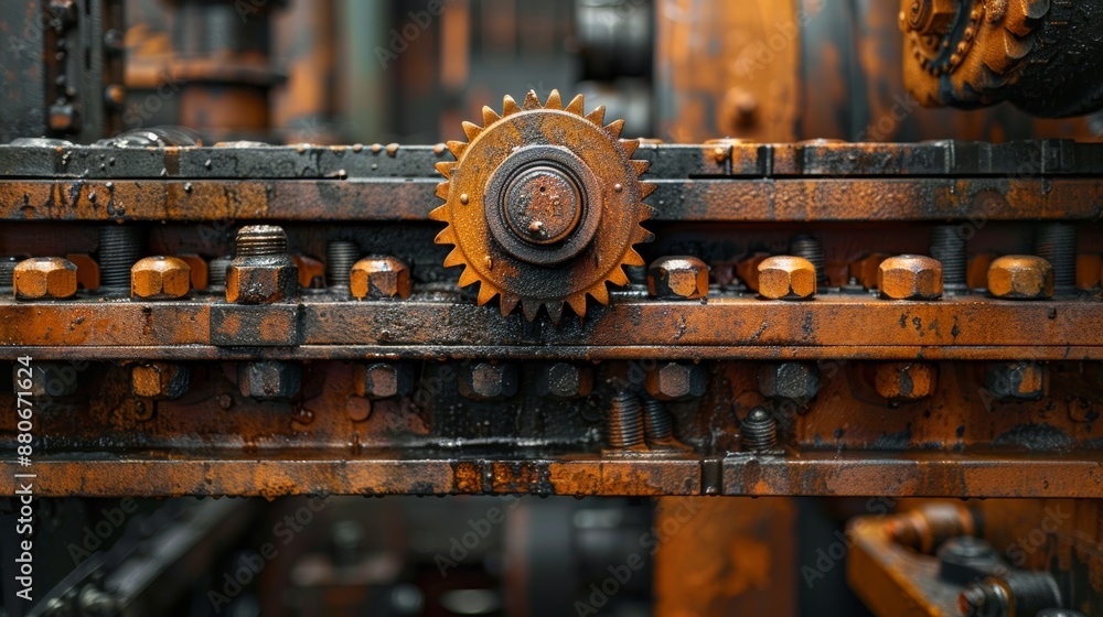 A detailed close-up image showcasing an old, rusted piece of machinery with prominent gears and metal parts, representing industrial history and wear A detailed close-up image showcasing an old, rusted piece of machinery with prominent gears and metal parts, representing industrial history and wear