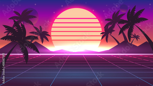 Retro background futuristic landscape 1980s style.Synthwave wireframe landscape. Digital retro landscape cyber surface. 80s party background.	