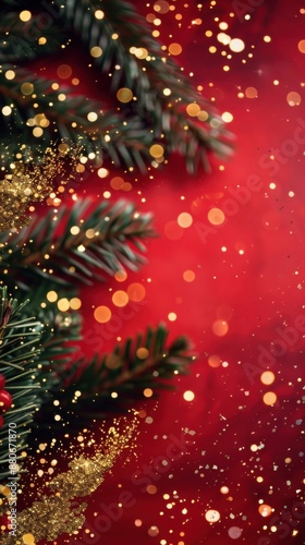 Christmas decoration border with fir branches and golden glitter confetti and sparkles of lights blur bokeh on red background.