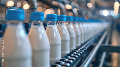 A plastic milk bottles with blank blue wrapper at the milk factory production line. depth of field. Generative AI.