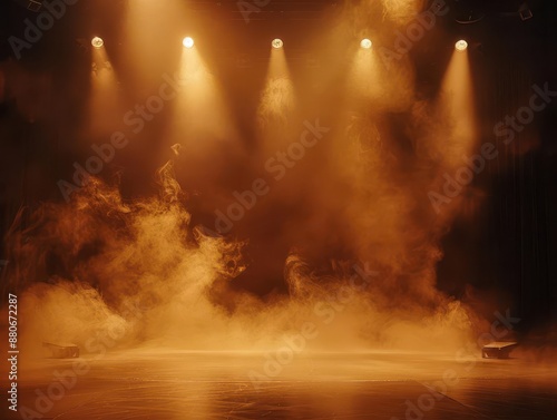 misty stage bathed in warm brown spotlights empty platform surrounded by ethereal fog creates dramatic showcase for artistic performances © Bijac