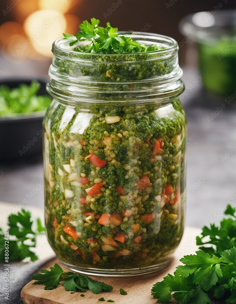chimichurri in a glass jar, with fresh parsley arranged artfully, ad shot, copy space for text
chimichurri in a glass jar, with fresh parsley arranged artfully, ad shot, copy space for text