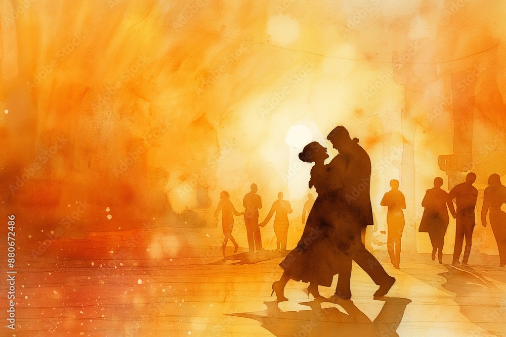 Obraz premium Romantic couple dancing in warm sunset, silhouettes of people and cityscape, romantic evening, watercolor painting, sunset, silhouettes, couple, dancing concept