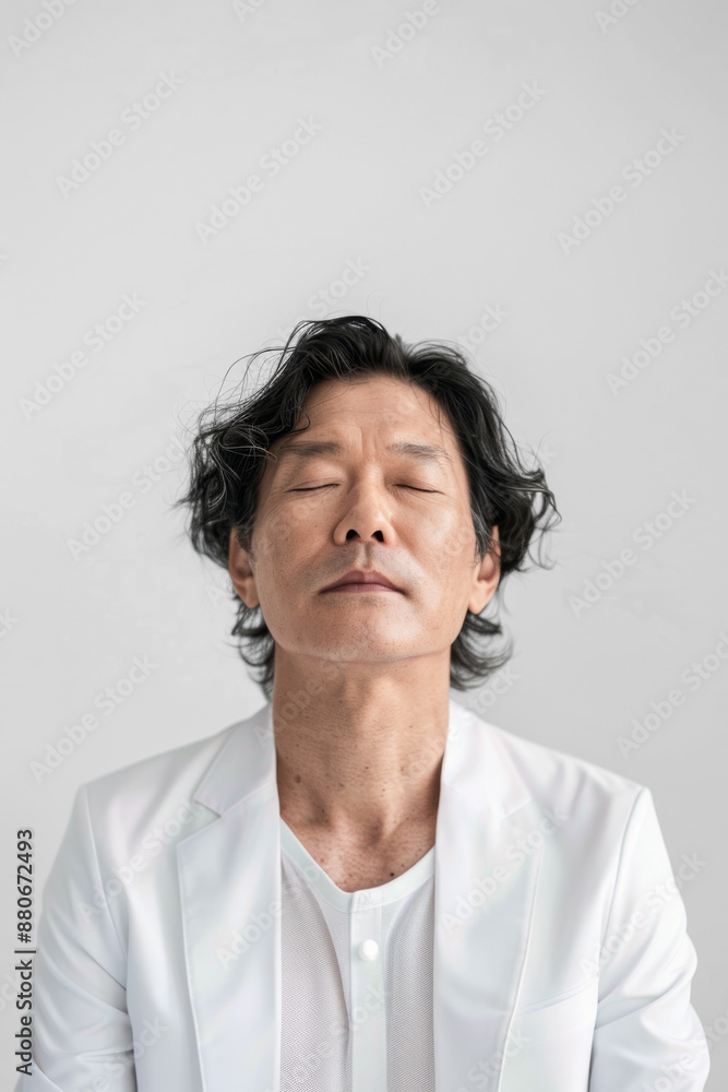 A Korean man in his 50s with a content smile, wearing a white shirt, skin lifting treatment A Korean man in his 50s with a content smile, wearing a white shirt, skin lifting treatment