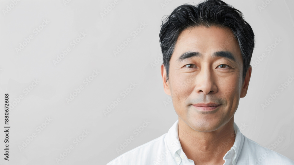 Korean man in his 50s reflecting on face-lifting procedure in a clinic Korean man in his 50s reflecting on face-lifting procedure in a clinic