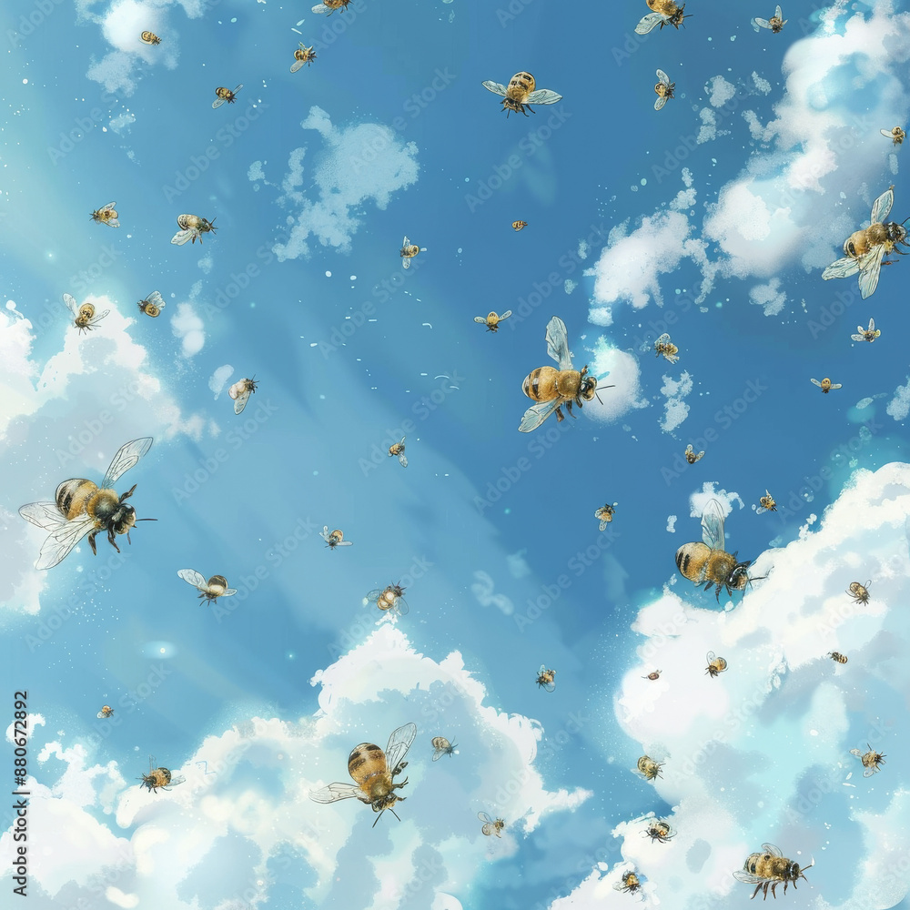 Swarm of Bumblebees in Blue Sky with Clouds Swarm of Bumblebees in Blue Sky with Clouds