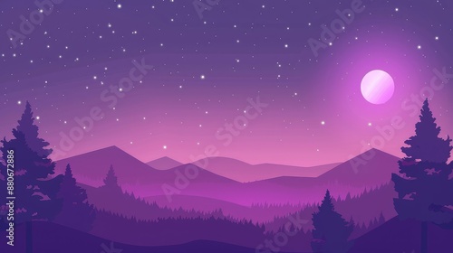 The night sky is full of stars and a bright moon. The mountains are in the distance and the trees are in the foreground. The colors are pink, purple, and blue.