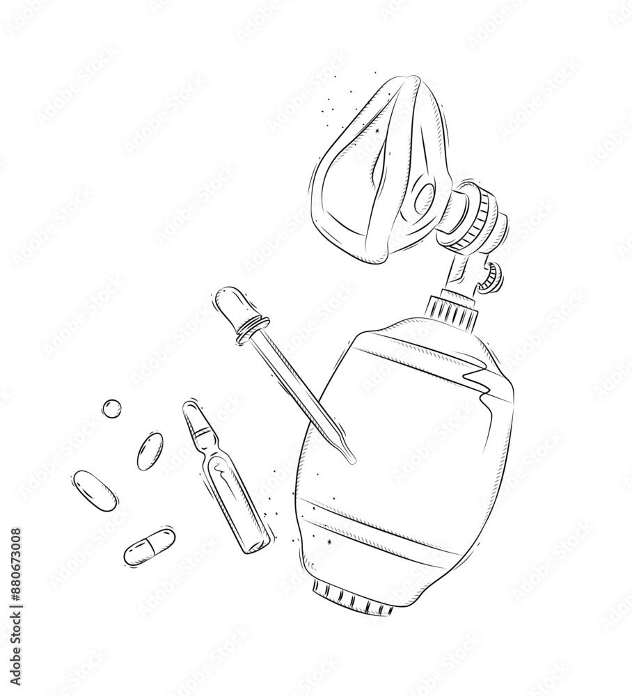 Ambu bag, pipette and pills composition drawing in graphic style on white background