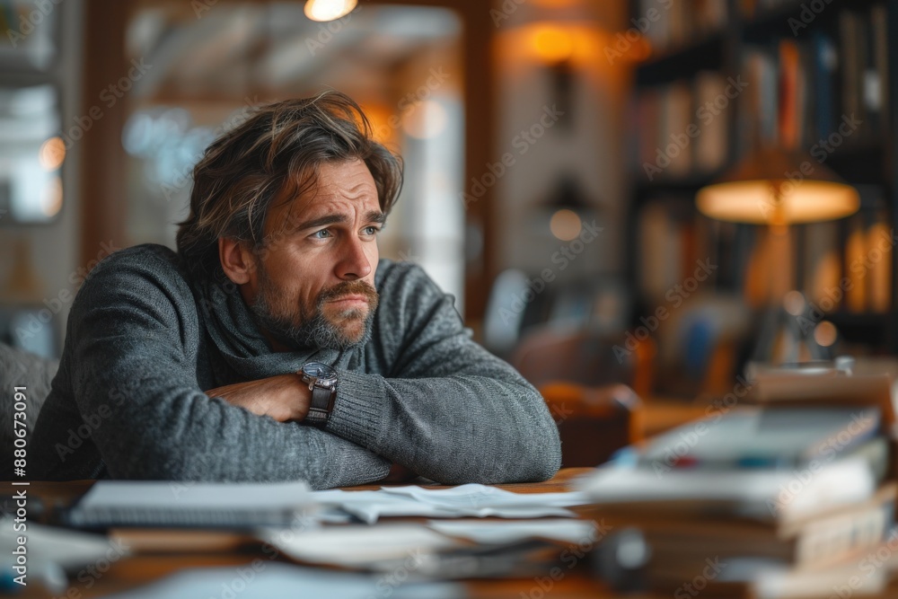 A person in a grey sweater sits thoughtfully at a cluttered home office desk, reflecting on ideas, symbolizing deep contemplation and creative thinking in a cozy setting. A person in a grey sweater sits thoughtfully at a cluttered home office desk, reflecting on ideas, symbolizing deep contemplation and creative thinking in a cozy setting.