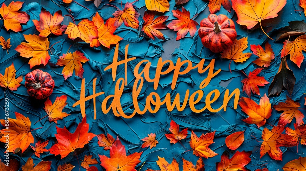 Halloween card. Top view. Autumn season. Advertising banner. Pumpkins and maple leaves Halloween card. Top view. Autumn season. Advertising banner. Pumpkins and maple leaves