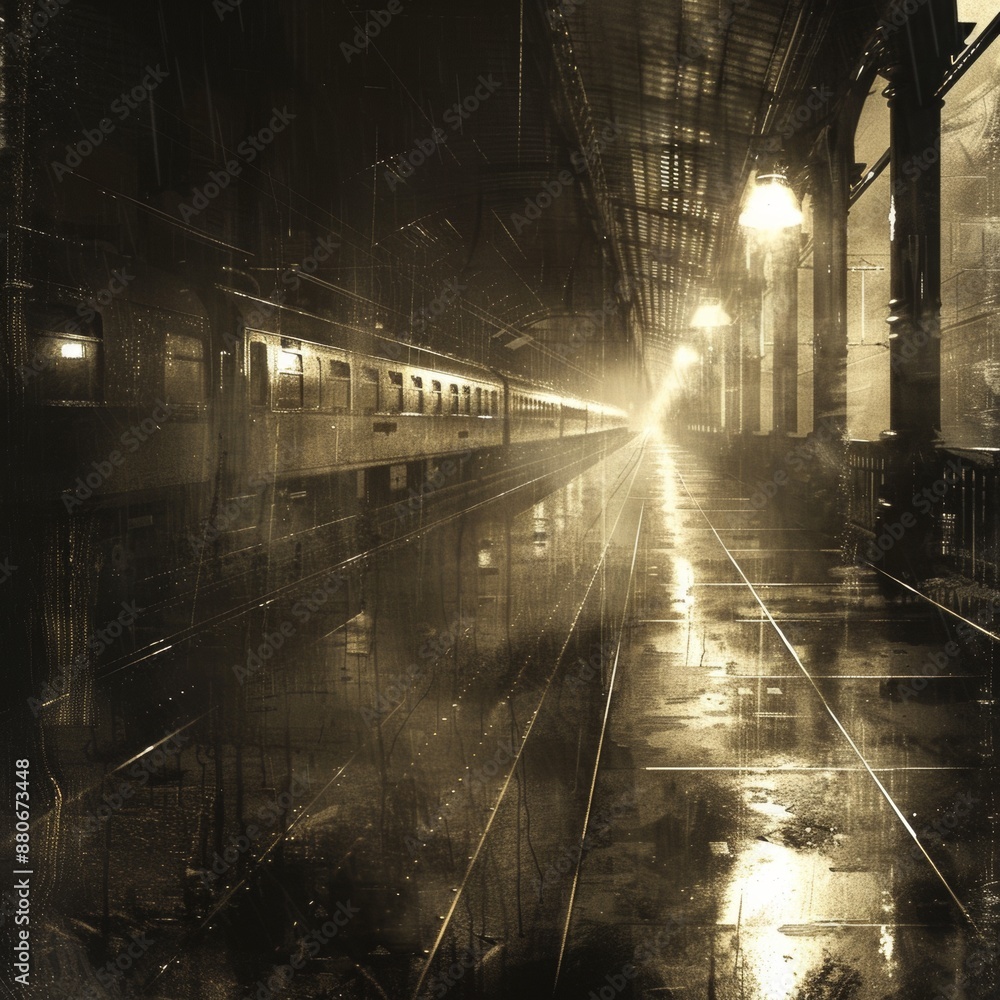 Steampunk Rainy Train Station: Glimmer of Arrival in Sepia Tones Steampunk Rainy Train Station: Glimmer of Arrival in Sepia Tones