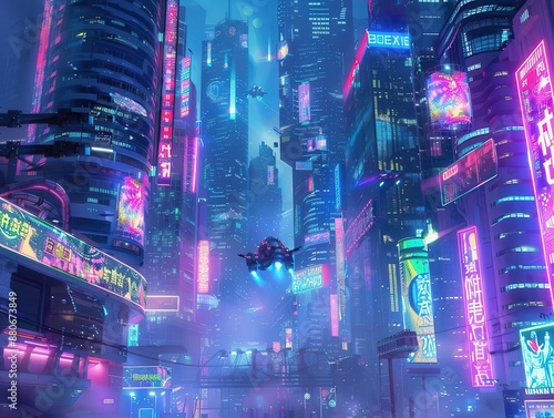 neondrenched cyberpunk cityscape at night towering skyscrapers with holographic advertisements flying vehicles weaving between buildings photo
