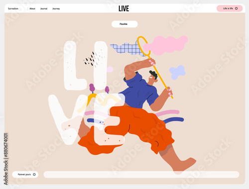 Life Unframed: Cloud catcher -modern flat vector concept illustration of running man with butterfly net. Metaphor of unpredictability, imagination, whimsy, cycle of existence, play, growth, discovery