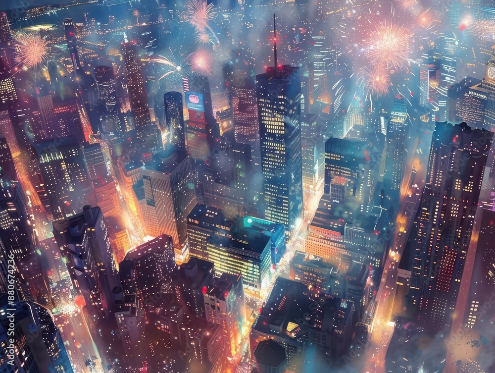 Fototapeta premium new years eve cityscape aerial view of fireworks illuminating a bustling metropolis crowds on rooftops champagne toasts dazzling light trails