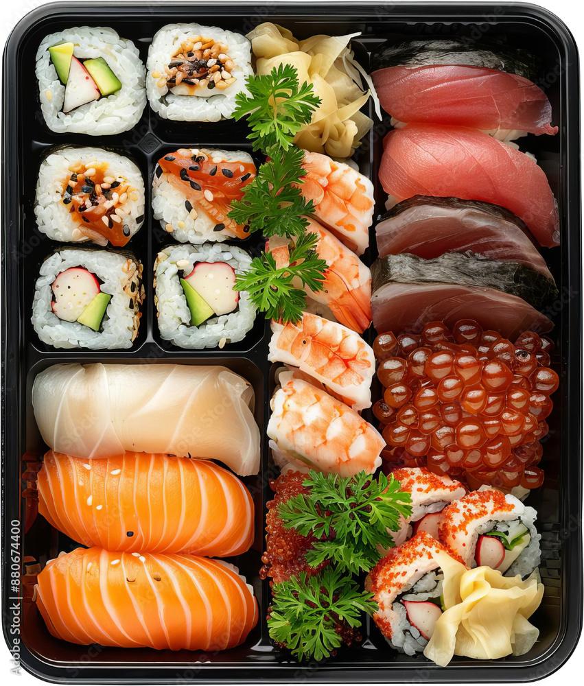 A delicious assortment of fresh sushi in a bento box, featuring nigiri, sashimi, and sushi rolls, ready to be enjoyed. A delicious assortment of fresh sushi in a bento box, featuring nigiri, sashimi, and sushi rolls, ready to be enjoyed.