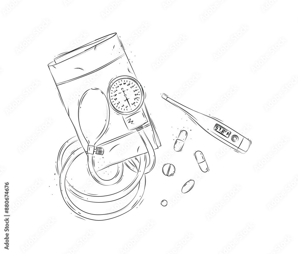 Pressure measurement tool, electronic thermometer and pills composition for medical purposes drawing in graphic style on white background