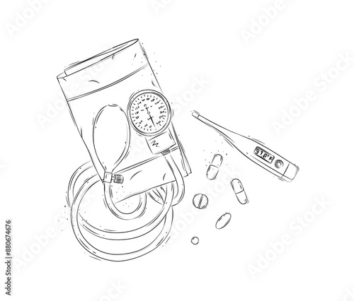 Obraz na płótnie Pressure measurement tool, electronic thermometer and pills composition for medical purposes drawing in graphic style on white background w salonie