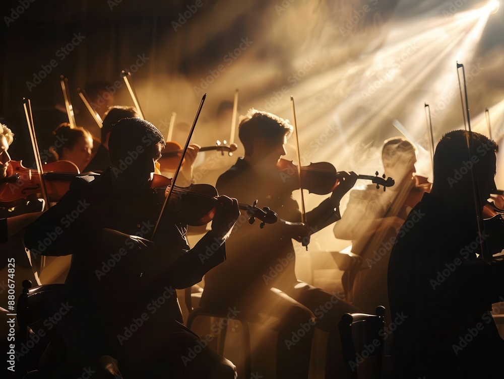 Fototapeta premium orchestral drama symphony musicians performing in atmospheric chiaroscuro lighting capturing the intensity of live classical music