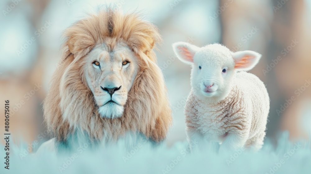 A lion and lamb standing together on brown grass meadow, symbolizing the kingdom of God A lion and lamb standing together on brown grass meadow, symbolizing the kingdom of God