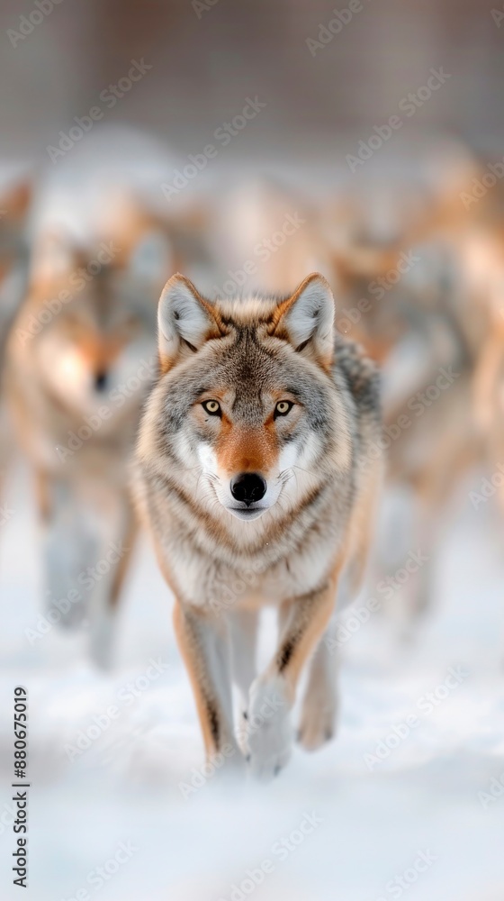 Fototapeta premium a pack of wolves running towards the camera in mountains on blur background, represent leadership on team