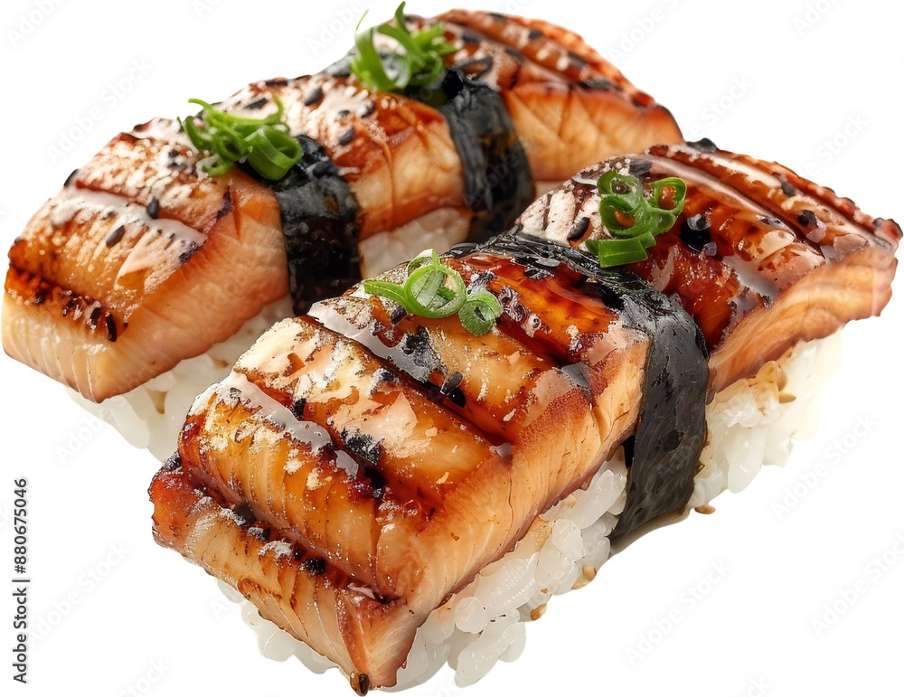 Close-up of delicious grilled salmon nigiri sushi with a glaze, garnished with fresh green onions on top. Perfect for Asian cuisine themes. Close-up of delicious grilled salmon nigiri sushi with a glaze, garnished with fresh green onions on top. Perfect for Asian cuisine themes.