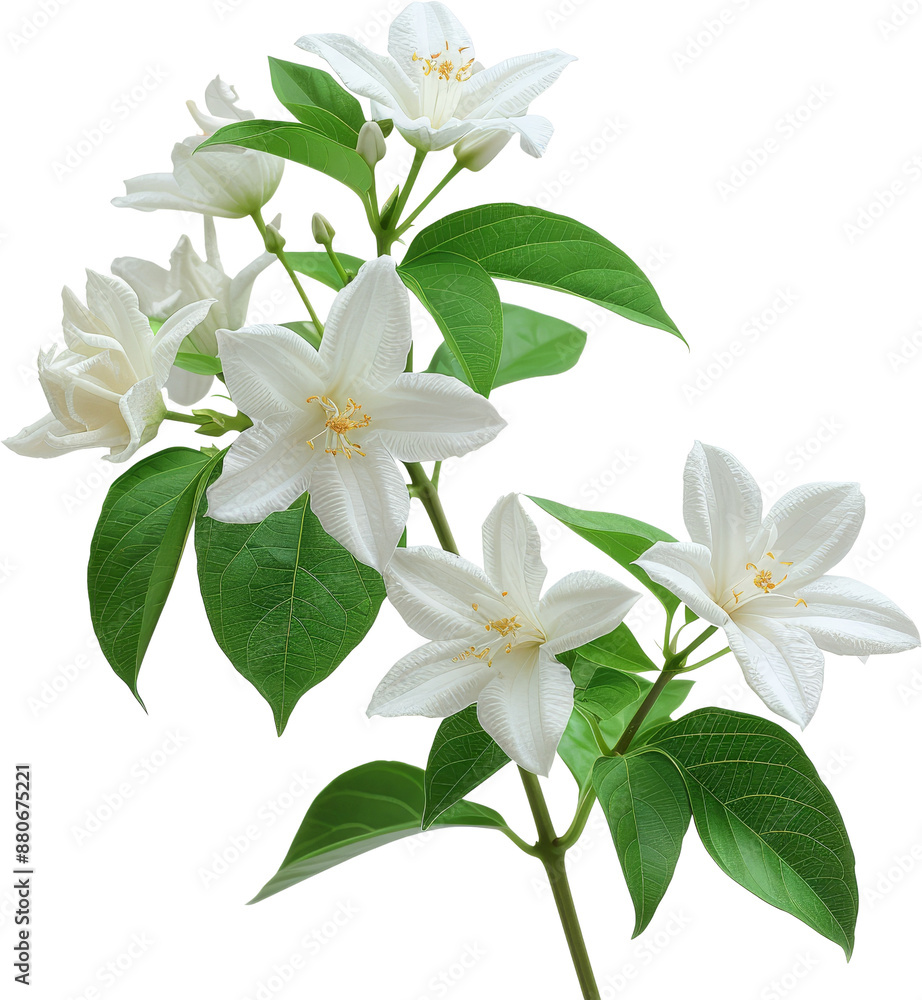 Delicate white blossoms with green leaves on a stem. A close-up of a fragrant flower. Perfect for spring or floral designs. Delicate white blossoms with green leaves on a stem. A close-up of a fragrant flower. Perfect for spring or floral designs.